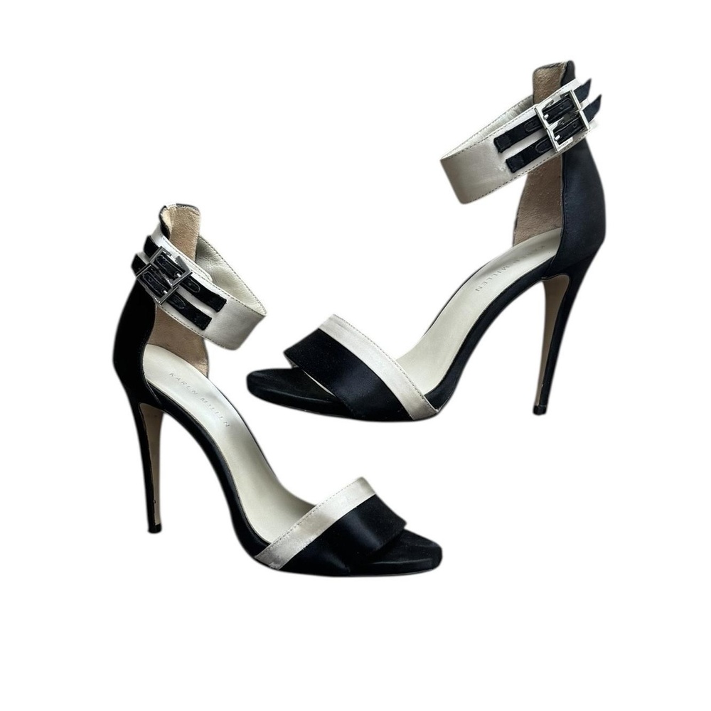 Karen Millen Womens Size 39 Black Cream Satin Ankle Strap Stiletto Heels